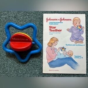 VTG Johnson & Johnson Star Teether Rattle Spinner Blue Red Yellow & Booklet 1984
